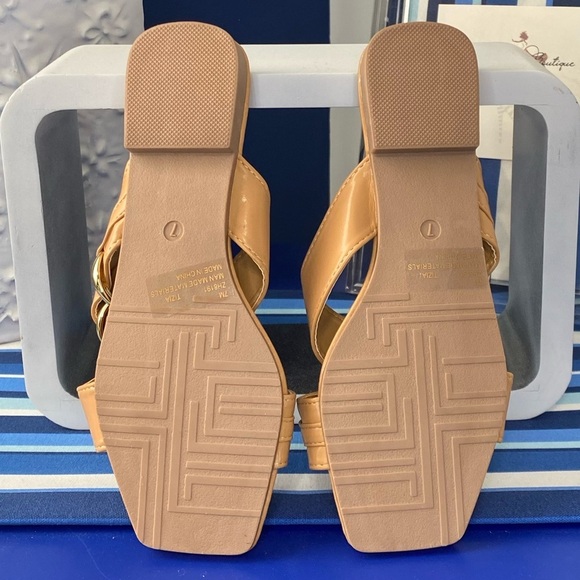 Nude cognac square toe cross cross gold chain hardware flat slide sandals - Picture 2 of 11